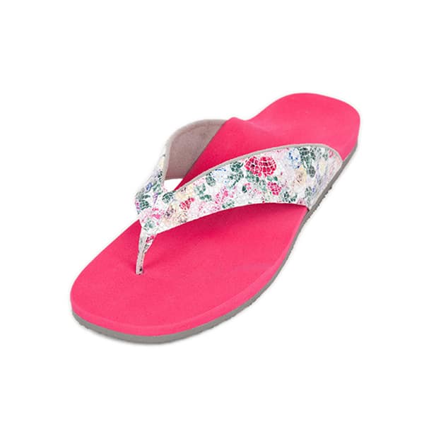 Pink und blumig bunt die Farben: Das Foto zeigt eine maßgefertigte Sommersandale im Stile von Flipflops.